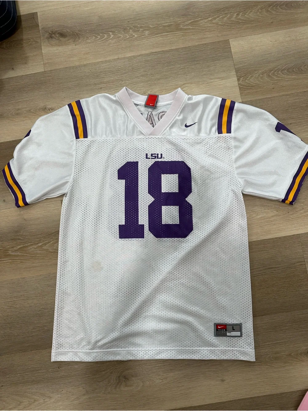 Boys White Football Jersey with Purple & Gold Accents - #18 Ararabie LSU